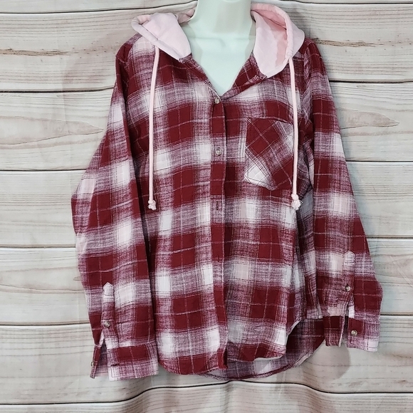 Time & Tru hooded flannel shirt button down maroon cream pink plaid pattern L - Picture 4 of 8